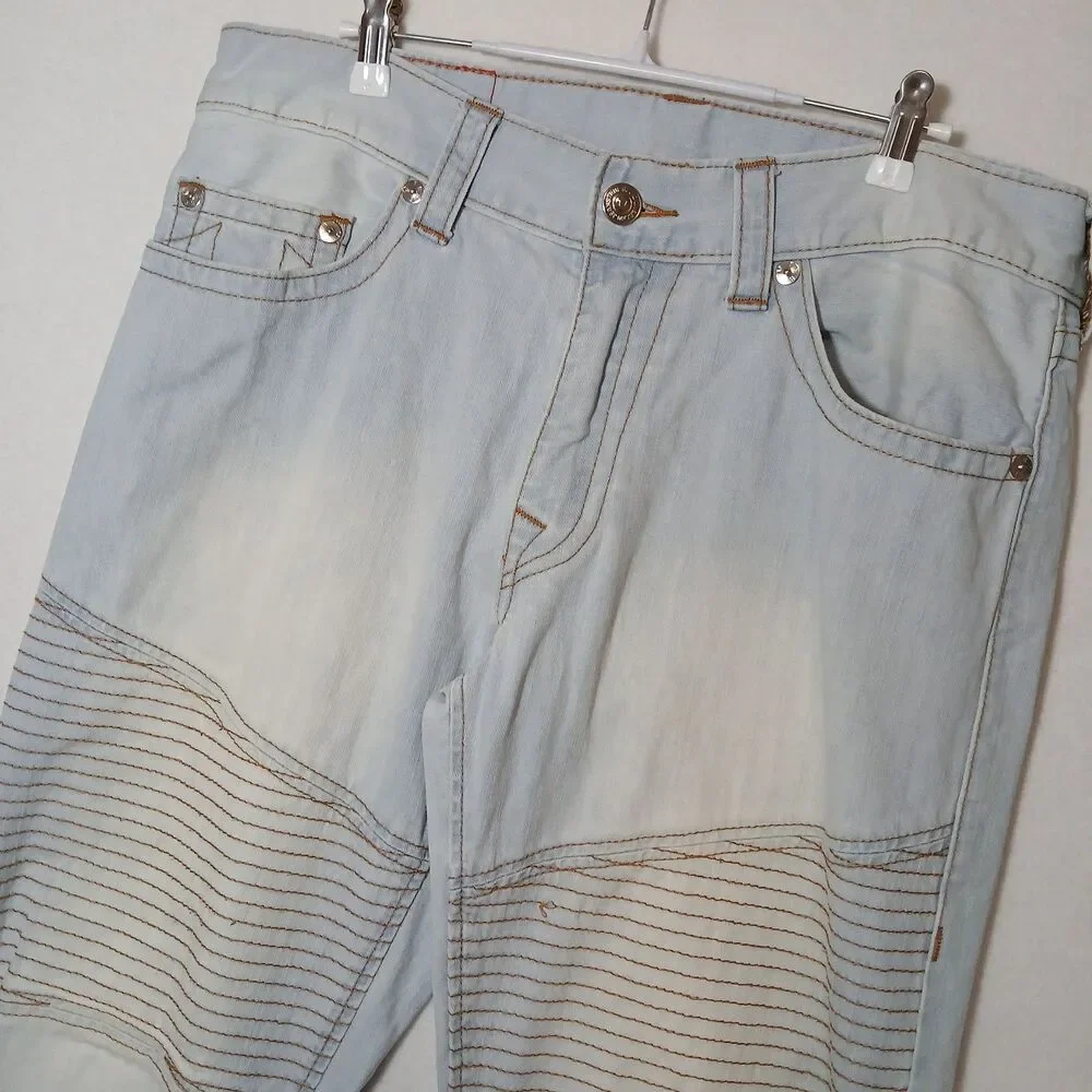 True Religion Jeans Mens 36 Rocco Moto Straight Light Blue $239 Denim Pants 1069